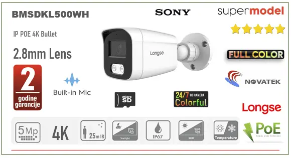 Full Color IP Bullet kamera 5MP 2.8mm 25m IR POE MicroSD utor + Mic BMSDKL500WH