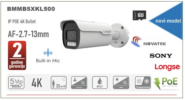 IP Kamera Bullet 5MP AF 2.7-13mm 25m IR POE + Mic + SD Slot