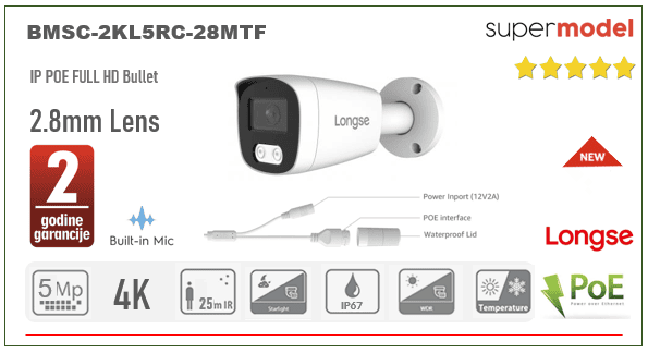 IP Bullet kamera 5MP 2.8mm 40m IR POE MicroSD utor + mic BMSCKL5RC