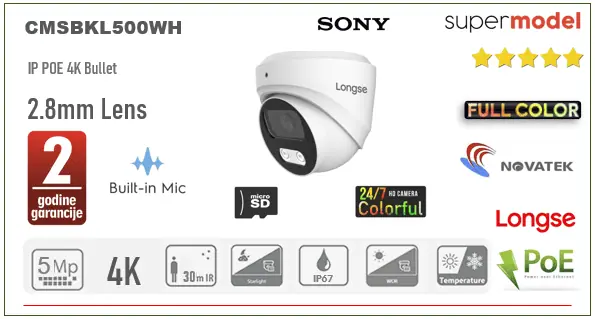 Full Color POE Dome IP Kamera Longse 5MP 2.8mm 25m IR + Mikrofon