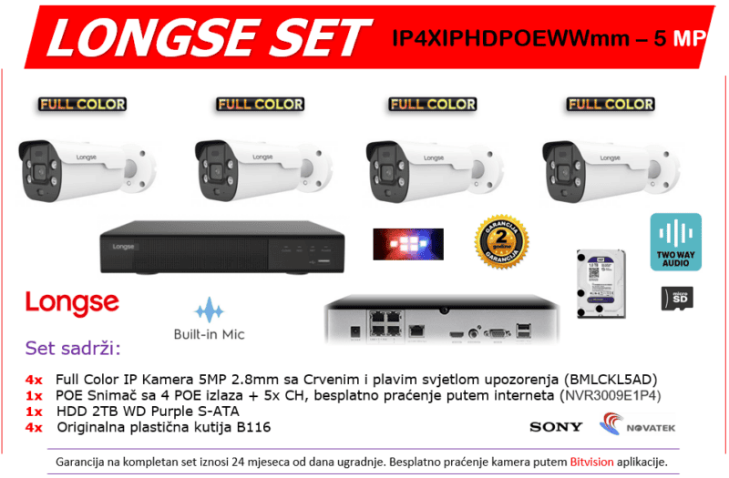 Longse IP Full Color SET IP4XIPHDPOEWWmm – 5 MP