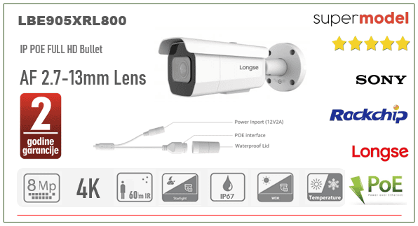 IP POE Bullet kamera 8MP Auto Focus 2.7-13mm 60m IR