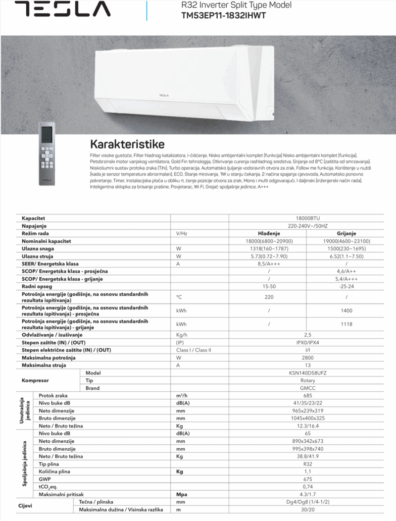 Tesla klima uređaj SUPERIOR TM53EP11-1832IHWT – Inverter 18Ka A+++ -25C