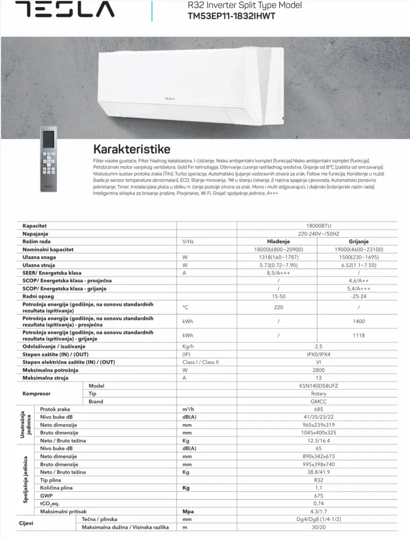 Tesla klima uređaj SUPERIOR TM53EP11-1832IHWT – Inverter 18Ka A+++ -25C