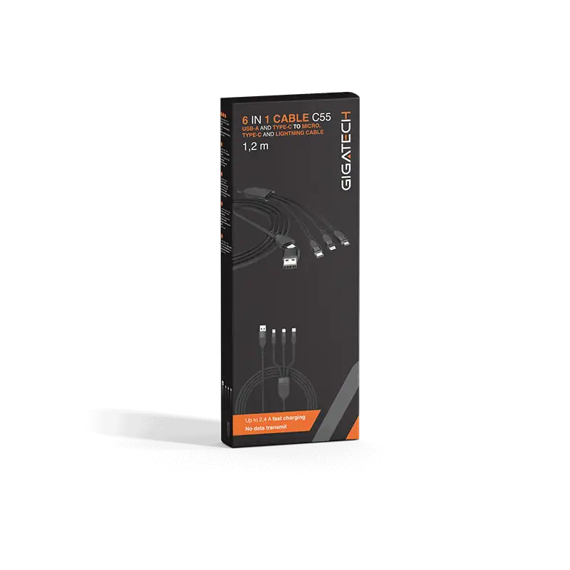 GIGATECH USB i C na mikro, C i lightning kabel Gigatech C55 6 u 1, 1,2m, crni