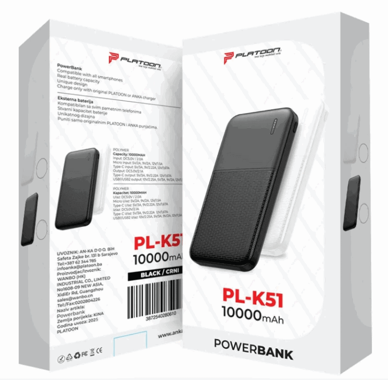 POWERBANK PL-K51 10000MAH PLATOON CRNI