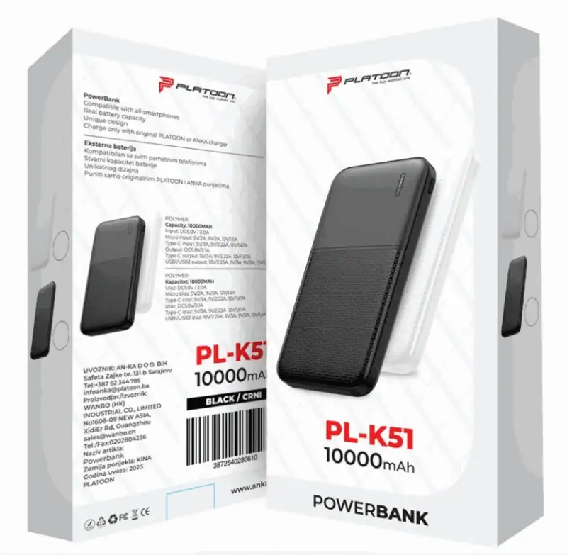 POWERBANK PL-K51 10000MAH PLATOON CRNI