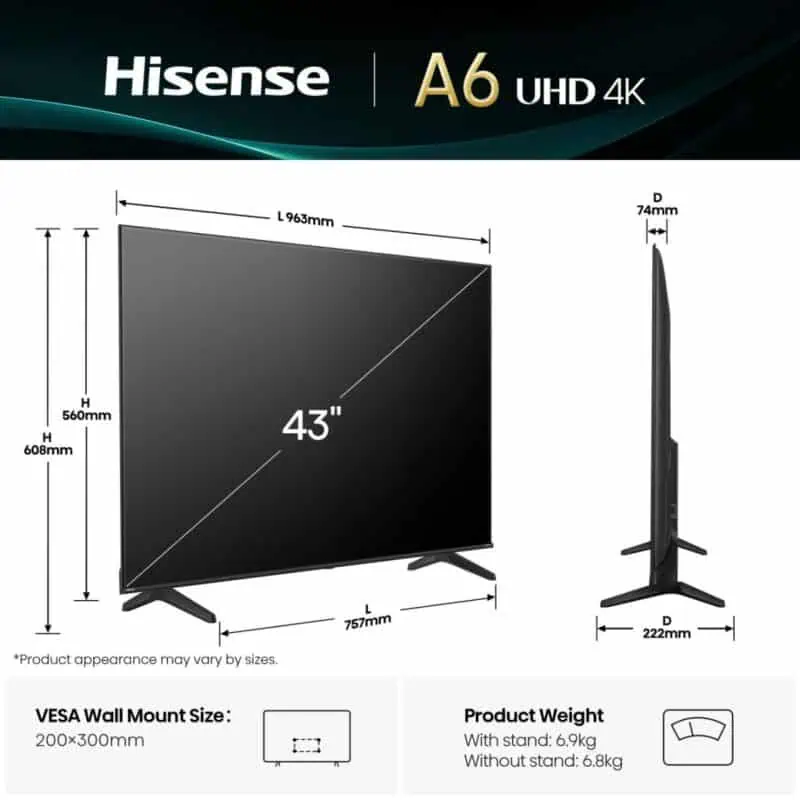 HISENSE UHD SMART TV 43A6Q 43" 4K 60Hz VIDAA OS