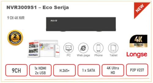 NVR3009S1 NVR Longse snimač 9ch 4K H.265 Eko serija