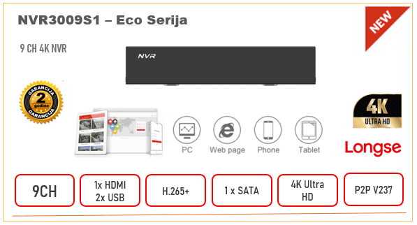 NVR3009S1 NVR Longse snimač 9ch 4K H.265 Eko serija