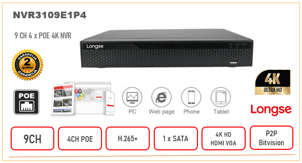 NVR3109E1P4 IP SNIMAČ 9CH / 4CH POE H.265+ 4K Serija 6
