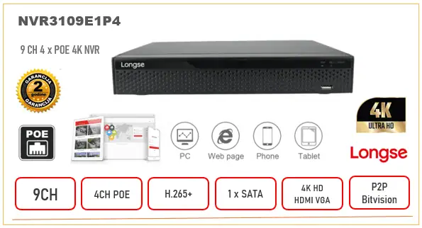 NVR3109E1P4 IP SNIMAČ 9CH / 4CH POE H.265+ 4K Serija 6