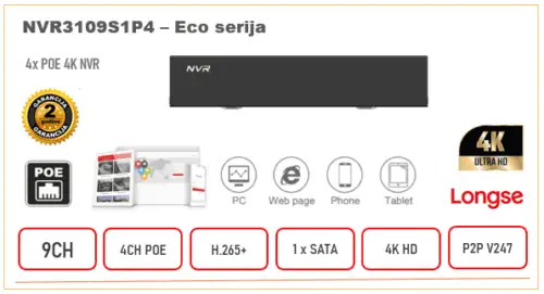 NVR3109S1P4 NVR POE Longse snimač 4ch 4K H.265 Eko serija