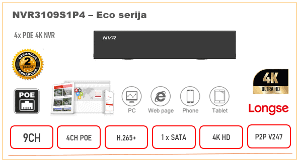 NVR3109S1P4 NVR POE Longse snimač 4ch 4K H.265 Eko serija
