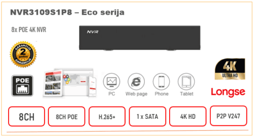 NVR3109S1P8 NVR POE Longse snimač 8ch 4K H.265 Eko serija