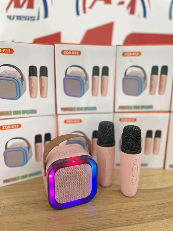 img-1760706627-207e9d07e69e Zvučnik Bluetooth ZQS-K12 Karaoke sa 2 Mikrofona PINK